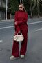 Red Stand Collar Long Back Sweater-Pants Women's Knitwear Bottom Top Set - 2