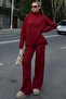 Red Stand Collar Long Back Sweater-Pants Women's Knitwear Bottom Top Set