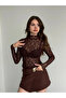 Women's Brown Half Turtleneck Long Sleeve Bodycon Sheer Lace Tulle Bodysuit Blouse