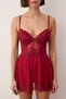 Bordo Tül Şeritli Dantel Detaylı Kaplı Külotlu Babydoll/Fantezi Gecelik THMAW26CY00002 - 3