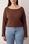 Kahverengi-Bej 2'li Paket %100 Pamuk Asimetrik Kayık Yaka Crop Örme T-Shirt TBBAW26BF00001 - 6