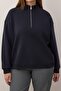 Lacivert Yakası Fermuarlı Regular Büyük Beden Sweatshirt TBBAW26AO00019 - 3