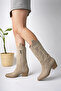 Beige Suede Embroidered New Season Women's Cowboy Boots - 2