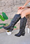 Western Women's Black Leather Black Embroidered Zippered Long Cowboy Boots - 2
