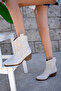 Women's Beige Leather Embroidered Short Heeled Cowboy Boots