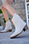 Women's Beige Leather Embroidered Short Heeled Cowboy Boots - 3