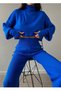 Embroidered Cobalt Blue Knitwear Crop Blouse and High Waist Knitwear Trousers Double Set 015