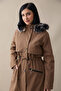 Leather Detailed Coat with Zipper Pocket and Fur Inside - Tan - 2
