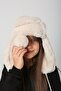 Beige Plush Fur Girl's Beret Hat with Earmuffs and Pompom - 7