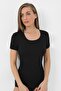 Women's Black T-Shirt Short Sleeve Undershirt 100% Cotton Ribbed - 2