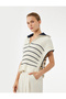 Half Zip Polo Neck Striped Sweater with Side Slits - 3
