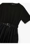 Comfortable Fit Crepe Fabric Short Sleeve Crew Neck Belted Flared Long Dress - 5