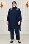 Women's Dark Blue Stone-Faced Evening Dress Suit with Pants t 4431 - 2