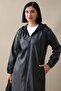 Hooded Long Leather Cape - Black - 2