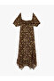 Asymmetrical U-Neck Short Balloon Sleeve Slit Lace-Up Floral Long Tulle Dress - 3