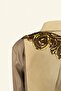 Back Gold And Copper Embroidered Sleeves Leather Detail Cream Jean Jacket - 4