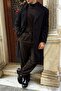 Men's Black Regular Fit Buttoned Pocketed Winter Lined Classic Black Long Cashmere Coat