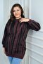 Women's Buttoned Front Detailed Glittery Neck Striped Large Size Knitwear Tunic Sweater - 2