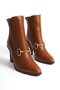 Mubiano Genuine Leather Collection Women's Metal Buckle Rubber Detailed Heeled Short Boots Brown - Mcalm2262 -
