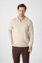 Solin Men's Beige Italian Ribbed Zippered Cotton Sports Polo Collar