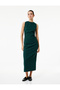 Crepe Fabric Drape Detail Slit Sleeveless Crew Neck Midi Pencil Dress