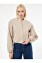 Kaşe Bomber Jacket Crop Crew Neck Zipper Pocket Long Sleeve - 2