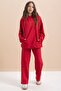 Red Text Printed Hooded Wide Leg Girls' Tracksuit Set 21431
