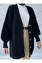 Black Hair Knit Balloon Sleeve Soft Textured Long Women's Knitwear Cardigan - 3