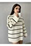 White Oversized Striped Half Fisherman Women's Knitwear Tunic Sweater - 7