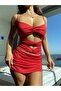 Red Bust Cut-Out Belly Cut-Out Strap Window Detail Mini Shirred Dress