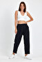 High Waist Elasticated Back Waist Lycra Linen Black Color Women's Baggy Trousers - 5