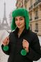 Plush Women's Beanie Hat with Green Faux Fur Earmuffs