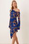 Women's Blue-Beige Off-Shoulder Side Gathered Skirt Asymmetrical Bodycon Dress Arm-26K001041