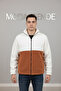 Men's Regular Fit Color Block Zip-Up Plush Jacket - White/Cinnamon