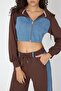 Whatsup Denim Detailed Hooded Crop Tracksuit Set - Blue-Brown - 3