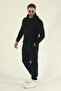 Men's Winter Fleece Lined Puff Fabric Hooded 3-Thread Side Pocket Tracksuit Set - Black