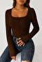 Elastic Blouse High Waist Long Sleeve Square Neck Knitted Fabric Spring Autumn Winter Blouse