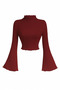 Burgundy Ribbed Knit Blouse Long Sleeve, Flared Sleeve, High Neck Crop Top