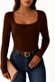Elastic Blouse High Waist Long Sleeve Square Neck Knitted Fabric Spring Autumn Winter Blouse - 2