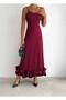 Ruffle Detailed Adjustable Strap Zippered Imported Double Fabric Maxi Length Evening Dress