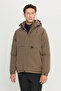 Men's Khaki Standard Fit Regular Cut Hooded Stand Collar Side Pocket Casual Coat