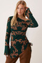Women's Green-Beige Asymmetric Collar Side Gathered Hem Slit Long Sleeve Blouse Arm-26K001022 - 2