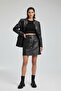 Black Buttoned Genuine Leather Skirt with Pockets - 3