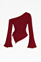 Night Women's Burgundy Long Spanish Sleeves Asymmetrical Collar Side Tie Draped Blouse - 2