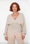 Women's Double Breasted V-Neck Tie-Up Open Back Knitwear Sweater Bat Sleeve Plain Thessaloniki Woven Winter - 2