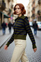 Women's Khaki Striped Turn-Down Collar Crop Knit Sweater Low Sleeve Casual Winter Basic Model Quality