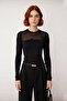 Women's Fitted Cut Transparent Detailed Openwork Crew Neck Mercerized Look Knitwear Sweater - 2