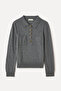 Women's Gray Melange Polo Collar Wool Blend Sweater with Pockets - 5