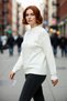 Women's Ecru Regular Fit Trok Detailed Low Sleeve Crew Neck Medium Thick Knitwear Sweater Winter