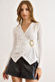 Women's White Accessory Detailed Double Breasted Stretchy Ribbed Blouse Blz-19003110